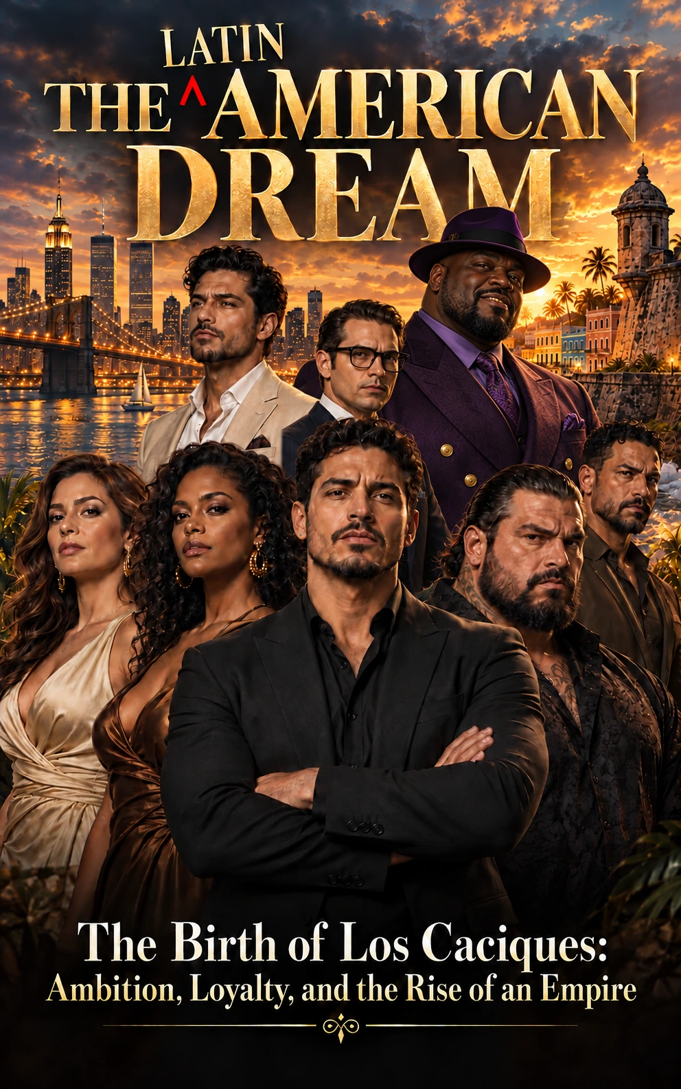 The Latin American Dream: The Birth of Los Caciques. A golden cover featuring the ensemble cast, including Big Frank in a purple suit and fedora, between the New York and San Juan skylines.
